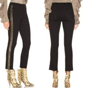 NEW Mother Denim The Rascal Ankle Fray Gold Beaded Cropped Straight Jeans Black
